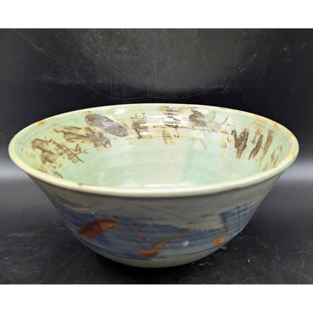 Vintage Studio Art Pottery Green Glaze Ceramic Console Fruit Bowl Signed 9.5